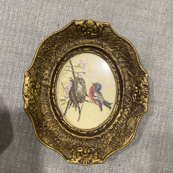 Other - Gold Oval Decorative Frame with Bird Needlepoint Art
